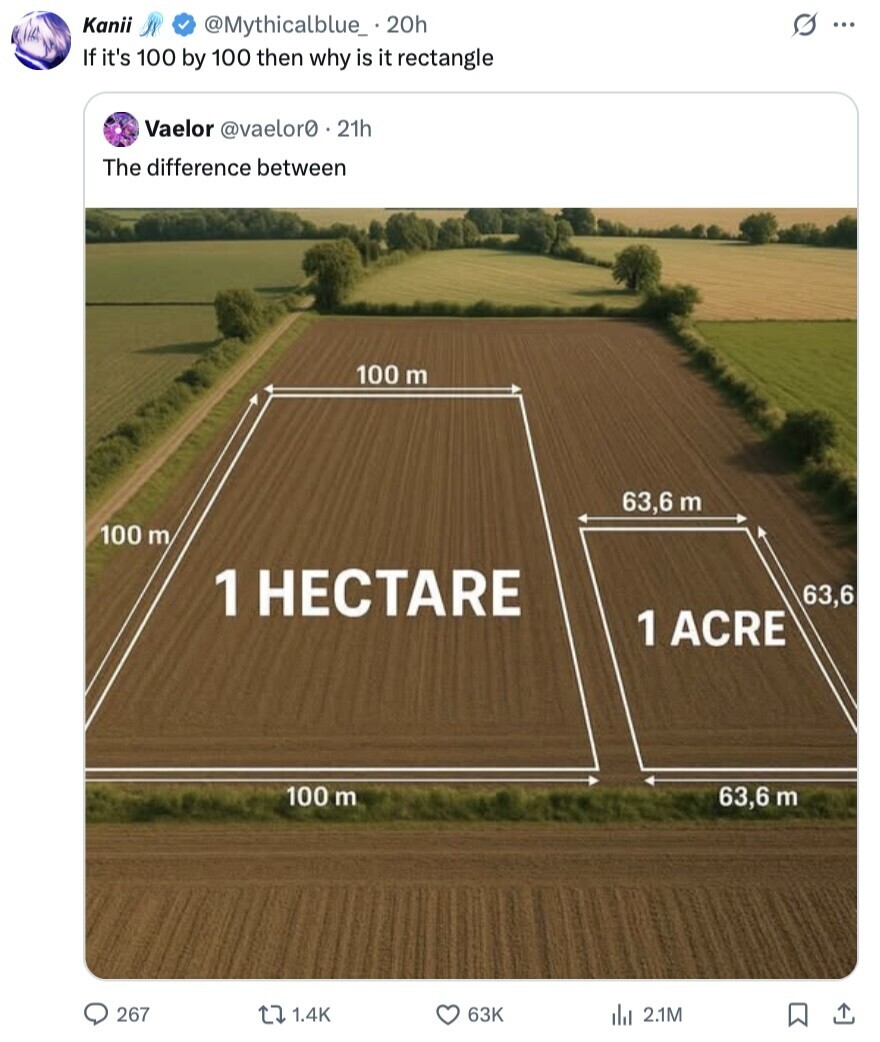 Kanii @Mythicalblue_ 20h G ... If it's 100 by 100 then why is it rectangle Vaelor @vaelor0.21h The difference between 100 m 63,6 m 100 m 1 HECTARE 63,6 1 ACRE 100 m 63,6 m 267 1.4K 63K del 2.1M 