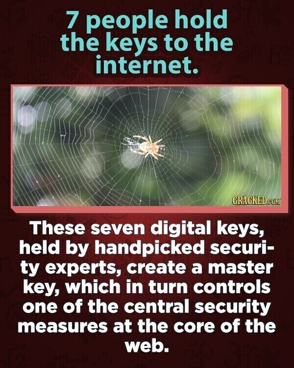 7 people hold the keys to the internet. CRACKED.COM These seven digital keys, held by handpicked securi- ty experts, create a master key, which in turn controls one of the central security measures at the core of the web.