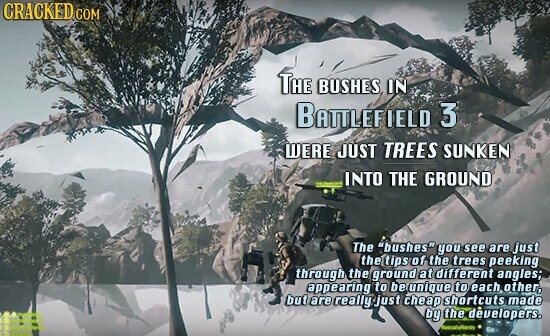 CRACKED COM THE BUSHES IN BATTLEFIELD 3 WERE JUST TREES SUNKEN INTO THE GROUND The bushes you see are just the tips of the trees peeking through the ground at different angles; appearing to be unique to each other, but are really just cheap shortcuts made by the developers.