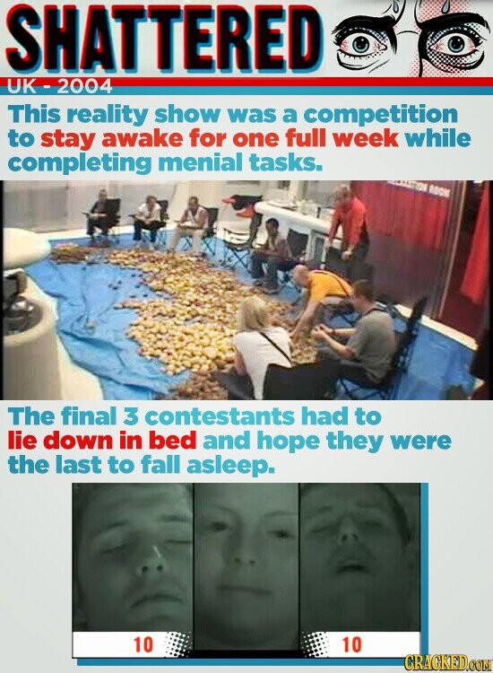 SHATTERED UK- 2004 This reality show was a competition to stay awake for one full week while completing menial tasks. ROOM The final 3 contestants had to lie down in bed and hope they were the last to fall asleep. 10 10 CRACKED.COM