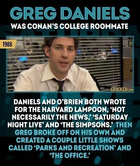 GREG DANIELS WAS CONAN'S COLLEGE ROOMMATE 1988 GRACKED.COM DANIELS AND O'BRIEN BOTH WROTE FOR THE HARVARD LAMPOON, 'NOT NECESSARILY THE NEWS,' 'SATURDAY NIGHT LIVE' AND 'THE SIMPSONS. THEN GREG BROKE OFF ON HIS OWN AND CREATED A COUPLE LITTLE SHOWS CALLED 'PARKS AND RECREATION' AND 'THE OFFICE.'