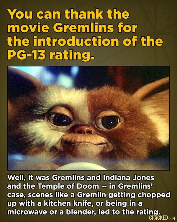 You can thank the movie Gremlins for the introduction of the PG-13 rating. Well, it was Gremlins and Indiana Jones and the Temple of Doom -- in Gremlins' case, scenes like a Gremlin getting chopped up with a kitchen knife, or being in a microwave or a blender, led to the rating. CRACKED.COM