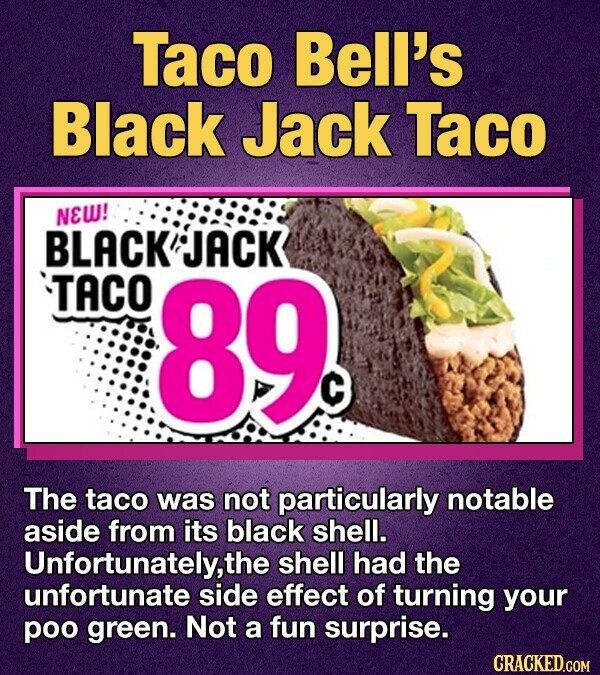 Taco Bell's Black Jack Taco NEW! BLACK JACK TACO 89c The taco was not particularly notable aside from its black shell. Unfortunately,the shell had the unfortunate side effect of turning your poo green. Not a fun surprise. CRACKED.COM