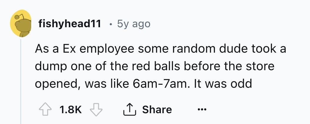 fishyhead11 . 5y ago As a Ex employee some random dude took a dump one of the red balls before the store opened, was like 6am-7am. It was odd 1.8K Share ... 