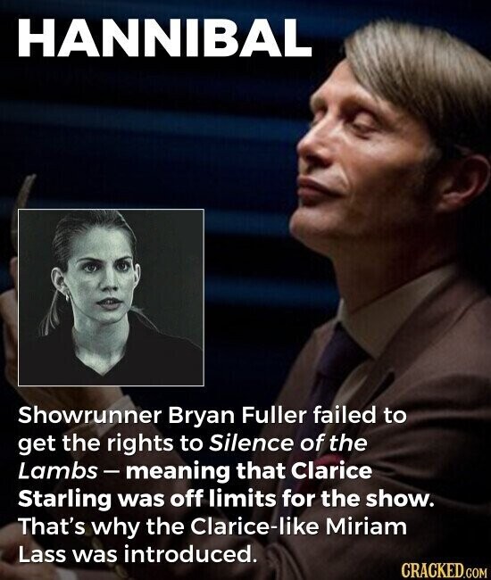 HANNIBAL Showrunner Bryan Fuller failed to get the rights to Silence of the Lambs-meaning that Clarice Starling was off limits for the show. That's why the Clarice-like Miriam Lass was introduced. CRACKED.COM
