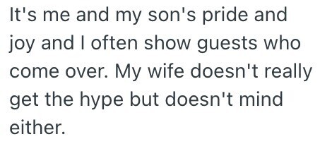 It's me and my son's pride and joy and I often show guests who come over. My wife doesn't really get the hype but doesn't mind either.