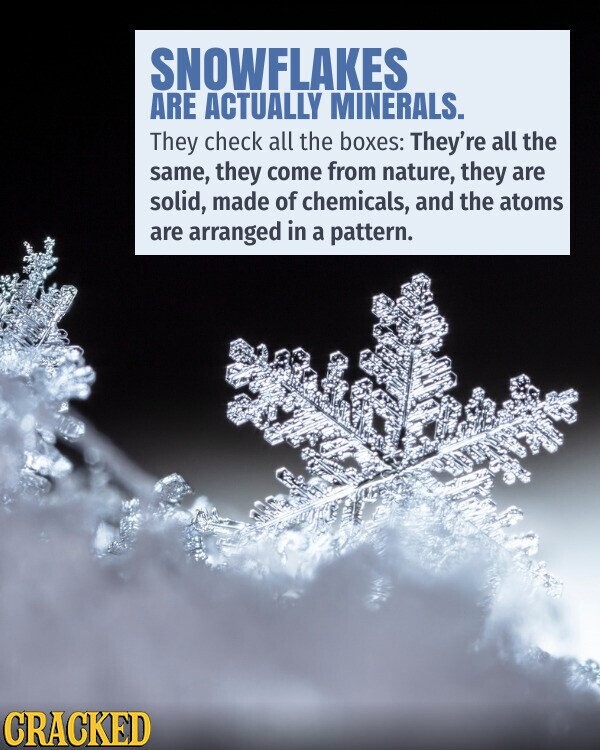 SNOWFLAKES ARE ACTUALLY MINERALS. They check all the boxes: They're all the same, they come from nature, they are solid, made of chemicals, and the atoms are arranged in a pattern. CRACKED