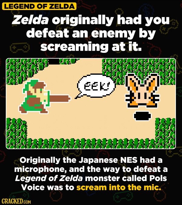LEGEND OF ZELDA Zelda originally had you defeat an enemy by + screaming at it. EEK! Originally the Japanese NES had a microphone, and the way to defeat a Legend of Zelda monster called Pols Voice was to scream into the mic. CRACKED.COM