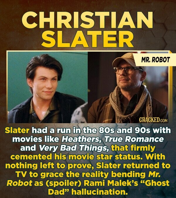 CHRISTIAN SLATER MR. ROBOT CRACKED.c .COM Slater had a run in the 80s and 90s with movies like Heathers, True Romance and Very Bad Things, that firmly cemented his movie star status. With nothing left to prove, Slater returned to TV to grace the reality bending Mr. Robot as (spoiler) Rami Malek's Ghost Dad hallucination.