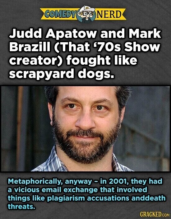 COMEDY NERD Judd Apatow and Mark Brazill (That '70s Show creator) fought like scrapyard dogs. Metaphorically, anyway - in 2001, they had a vicious email exchange that involved things like plagiarism accusations anddeath threats. CRACKED.COM