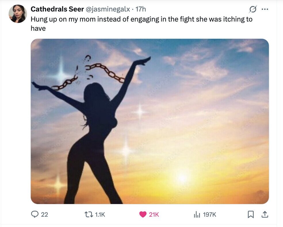 Cathedrals Seer @jasminegalx. 17h ... Hung up on my mom instead of engaging in the fight she was itching to have 22 1.1K 21K del 197K