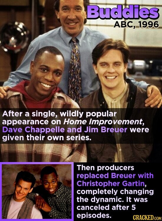 Buddies ABC, 1996 After a single, wildly popular appearance on Home Improvement, Dave Chappelle and Jim Breuer were given their own series. Then producers replaced Breuer with Christopher Gartin, completely changing the dynamic. It was canceled after 5 episodes. CRACKED.COM
