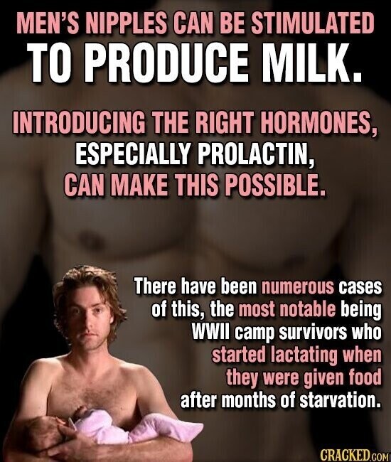 MEN'S NIPPLES CAN BE STIMULATED TO PRODUCE MILK. INTRODUCING THE RIGHT HORMONES, ESPECIALLY PROLACTIN, CAN MAKE THIS POSSIBLE. There have been numerous cases of this, the most notable being WWII camp survivors who started lactating when they were given food after months of starvation. CRACKED.COM