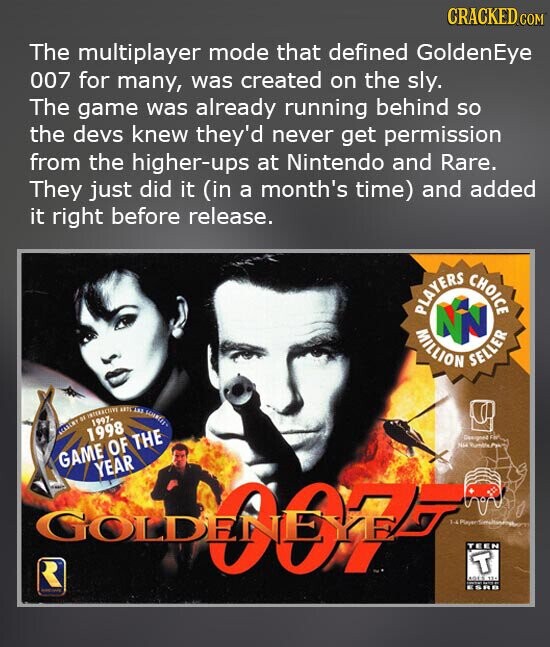 CRACKED.COM The multiplayer mode that defined GoldenEye 007 for many, was created on the sly. The game was already running behind so the devs knew they'd never get permission from the higher-ups at Nintendo and Rare. They just did it (in a month's time) and added it right before release. PLAYERS MILLION NN SELLER CHOICE de 1998 INTERNATIVE 1997- ARTS ART Designed FIV NH Rumble Party GAME OF THE YEAR - - H - TEEN T 4015 111 NILE