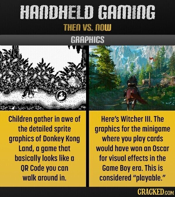 HANDHELD GAMING THEN VS. NOW GRAPHICS Children gather in awe of Here's Witcher III. The the detailed sprite graphics for the minigame graphics of Donkey Kong where you play cards Land, a game that would have won an Oscar basically looks like a for visual effects in the QR Code you can Game Boy era. This is walk around in. considered playable. CRACKED.COM