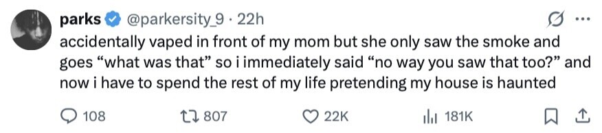 parks @parkersity_9 . 2 22h ... accidentally vaped in front of my mom but she only saw the smoke and goes what was that so i i immediately said no way you saw that too? and now i have to spend the rest of my life pretending my house is haunted 108 807 22K 181K 