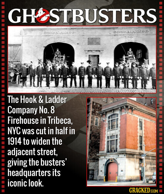 GH6STBUSTERS LADDER-5 -B-HOOK & LAD The Hook & Ladder Company No. 8 Firehouse in Tribeca, NYC was cut in half in 1914 to widen the adjacent street, giving the busters' headquarters its iconic look. CRACKED.COM