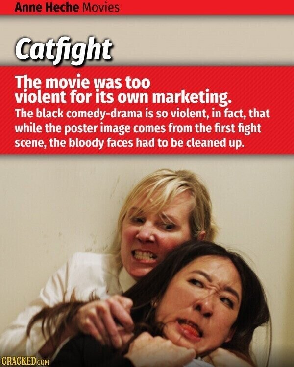 Anne Heche Movies Catfight The movie was too violent for its own marketing. The black comedy-drama is so violent, in fact, that while the poster image comes from the first fight scene, the bloody faces had to be cleaned up. CRACKED.COM