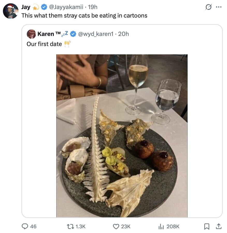 @Jayyakamii 19h G ... Jay This what them stray cats be eating in cartoons @wyd_karen1.20h Karen TM zzZ Our first date 46 1.3K 23K 208K 