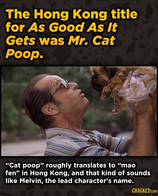 The Hong Kong title for As Good As It Gets was Mr. Cat POop. Cat poop roughly translates to mao fen in Hong Kong, and that kind of sounds like Mel