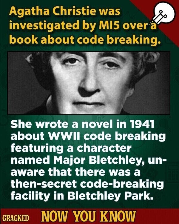 Agatha Christie was investigated by MI5 over a book about code breaking. She wrote a novel in 1941 about WWII code breaking featuring a character named Major Bletchley, un- aware that there was a then-secret code-breaking facility in Bletchley Park. CRACKED NOW YOU KNOW