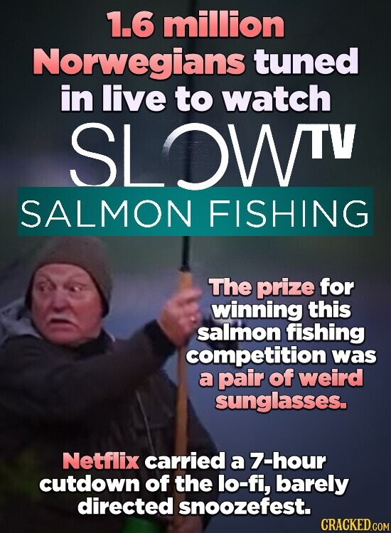 1.6 million Norwegians tuned in live to watch SLOW TV SALMON FISHING The prize for winning this salmon fishing competition was a pair of weird sunglasses. Netflix carried a 7-hour cutdown of the lo-fi, barely directed snoozefest. CRACKED.COM