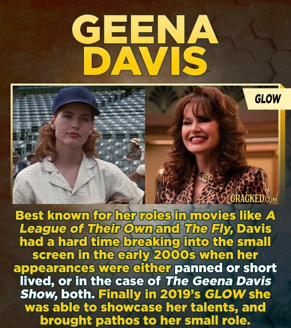 GEENA DAVIS GLOW CRACKED Best known for her roles in movies like A League of Their Own and The Fly, Davis had a hard time breaking into the small screen in the early 2000s when her appearances were either panned or short lived, or in the case of The Geena Davis Show, both. Finally in 2019's GLOW she was able to showcase her talents, and brought pathos to her small role.