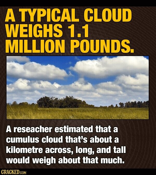 A TYPICAL CLOUD WEIGHS 1.1 MILLION POUNDS. A reseacher estimated that a cumulus cloud that's about a kilometre across, long, and tall would weigh about that much. CRACKED.COM