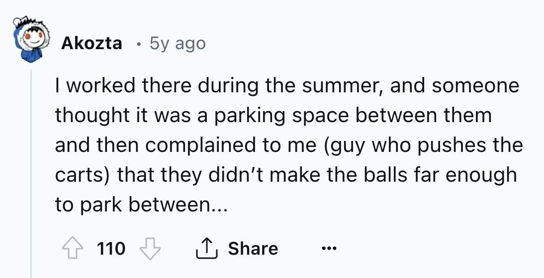 Akozta E 5y ago I worked there during the summer, and someone thought it was a parking space between them and then complained to me (guy who pushes the carts) that they didn't make the balls far enough to park between... 110 Share ... 