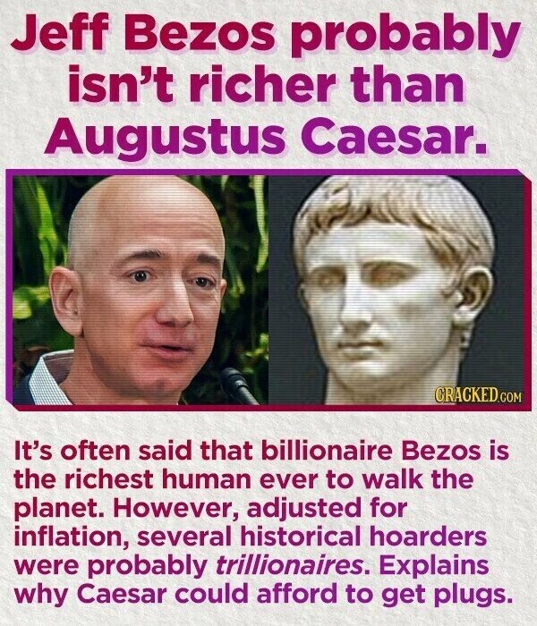 Jeff Bezos probably isn't richer than Augustus Caesar. CRACKED.COM It's often said that billionaire Bezos is the richest human ever to walk the planet. However, adjusted for inflation, several historical hoarders were probably trillionaires. Explains why Caesar could afford to get plugs.