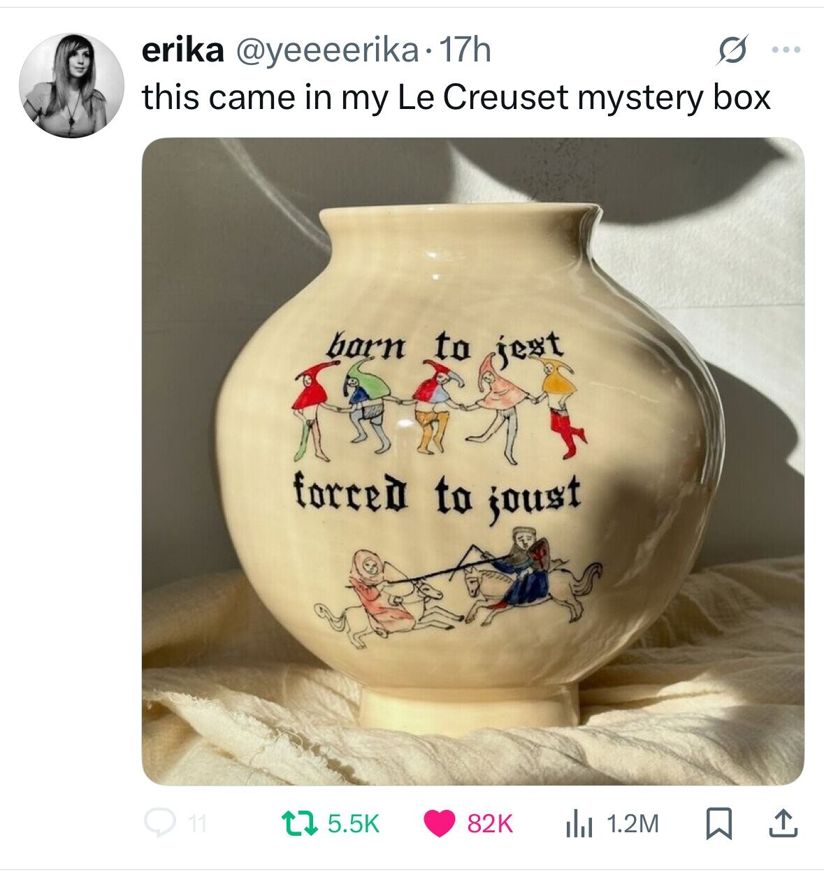 s ... erika @yeeeerika. 17h this came in my Le Creuset mystery box born to jest forced to joust 11 5.5K 82K 1.2M 