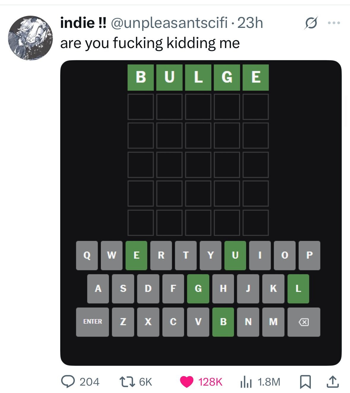 indie !! @unpleasantsciff-23h S ... are you fucking kidding me В U L E G Q W Y U I E R T o P A S D F H J к G L ENTER Z с M X V В N x 204 6K 128K 1.8M 