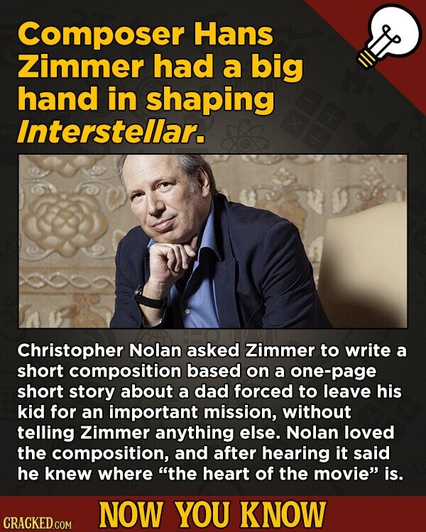 Composer Hans Zimmer had a big hand in shaping Interstellar. Christopher Nolan asked Zimmer to write a short composition based on a one-page short sto