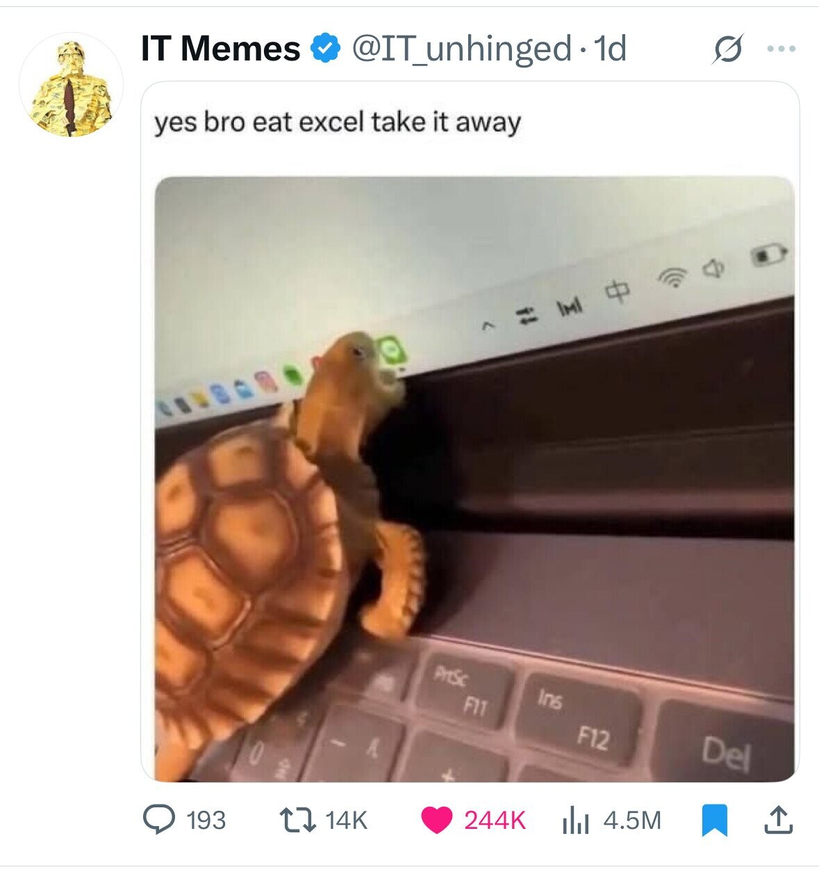 IT Memes @IT_unhinged . 1d s ... yes bro eat excel take it away IMI 0 of PrtSc Ins F11 F12 0 Del 193 14K 244K 4.5M 