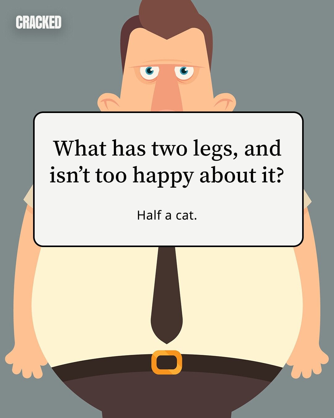 CRACKED What has two legs, and isn't too happy about it? Half a cat. 