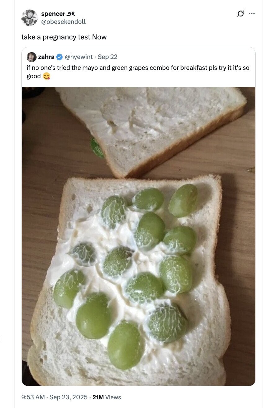 G spencer م و ... @obesekendoll take a pregnancy test Now zahra @hyewint Sep 22 if no one's tried the mayo and green grapes combo for breakfast pls try it it's so good 9:53 AM Sep 23, 2025.21M Views