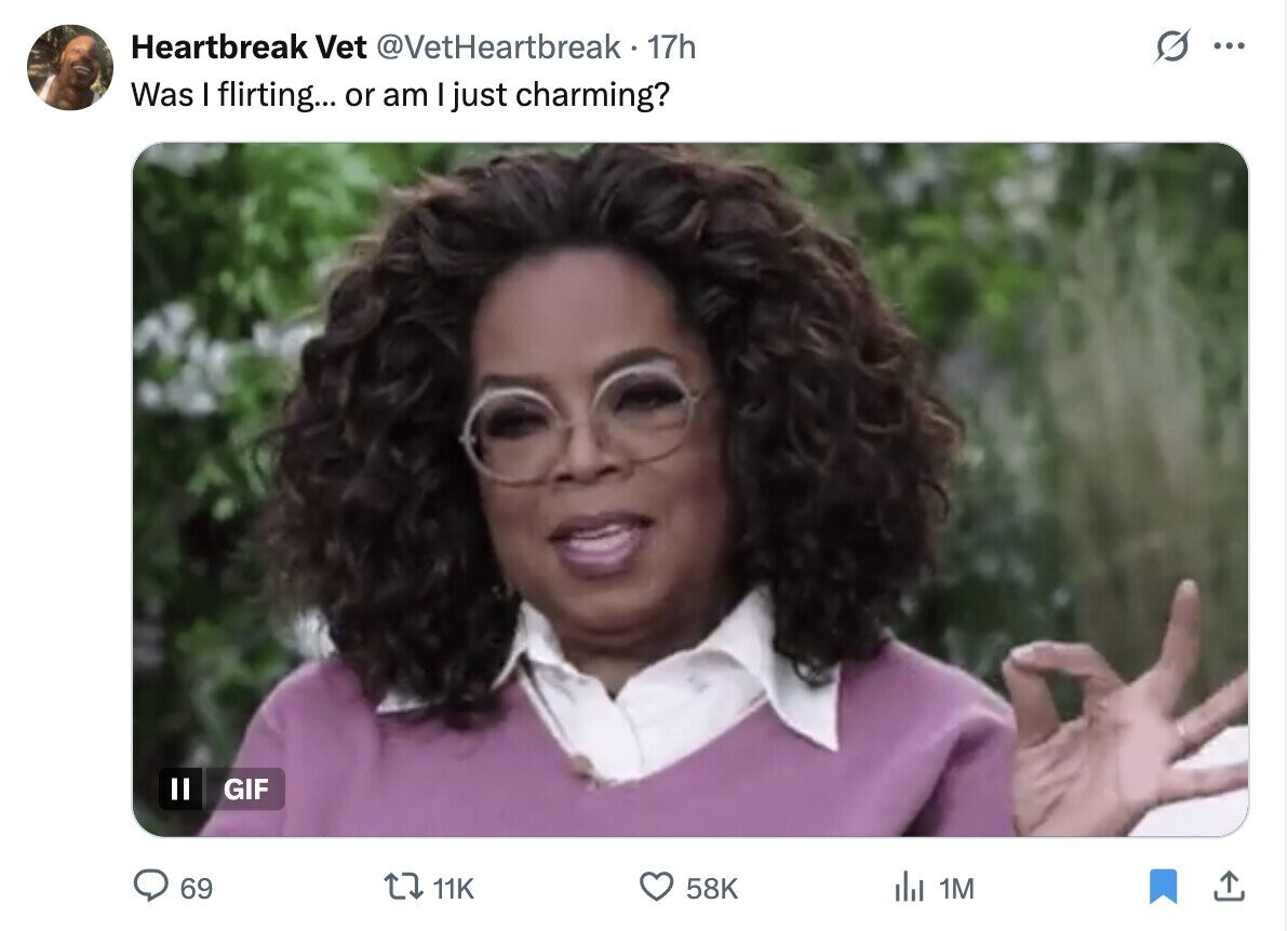 Heartbreak Vet @VetHeartbreak 17h s ... Was I flirting... or am I just charming? GIF 69 11K 58K dal 1M