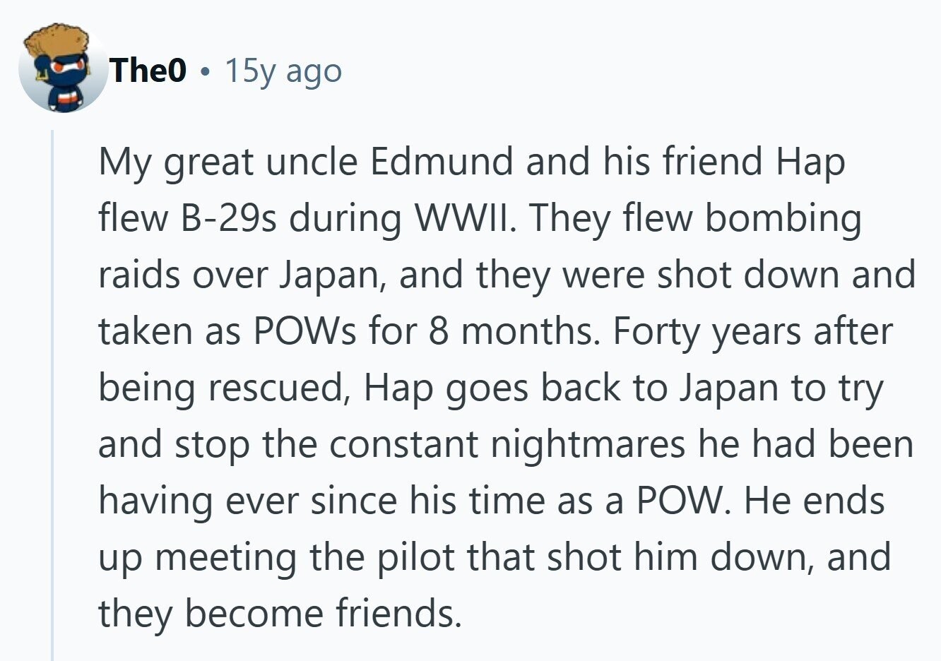 The0 15y ago My great uncle Edmund and his friend Hap flew B-29s during WWII. They flew bombing raids over Japan, and they were shot down and taken as POWs for 8 months. Forty years after being rescued, Hap goes back to Japan to try and stop the constant nightmares he had been having ever since his time as a POW. Не ends up meeting the pilot that shot him down, and they become friends. 