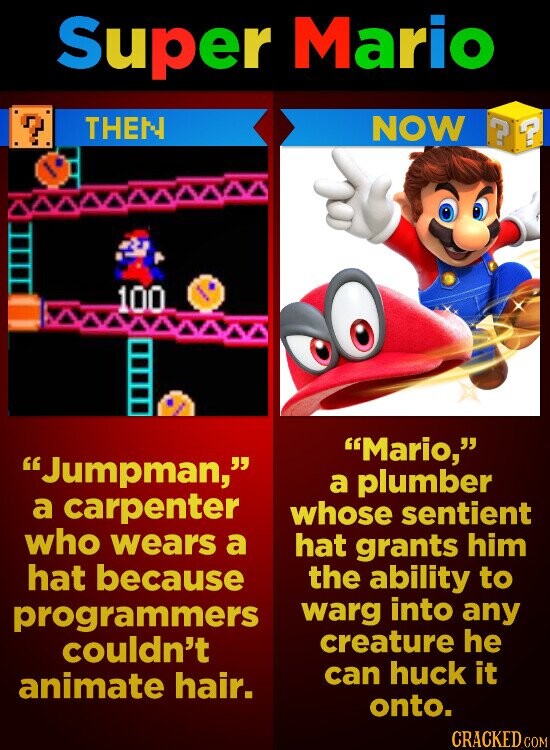 Super Mario THEN NOW ? ? 100 Mario, Jumpman, a plumber a carpenter whose sentient who wears a hat grants him hat because the ability to warg into any programmers creature he couldn't can huck it animate hair. onto. CRACKED COM