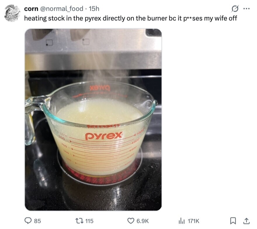 corn @normal_food 15h s ... heating stock in the pyrex directly on the burner bc it p**ses my wife off XONG I litre 1000 900 LES pyrex 806 700 500 300 85 115 6.9K del 171K 