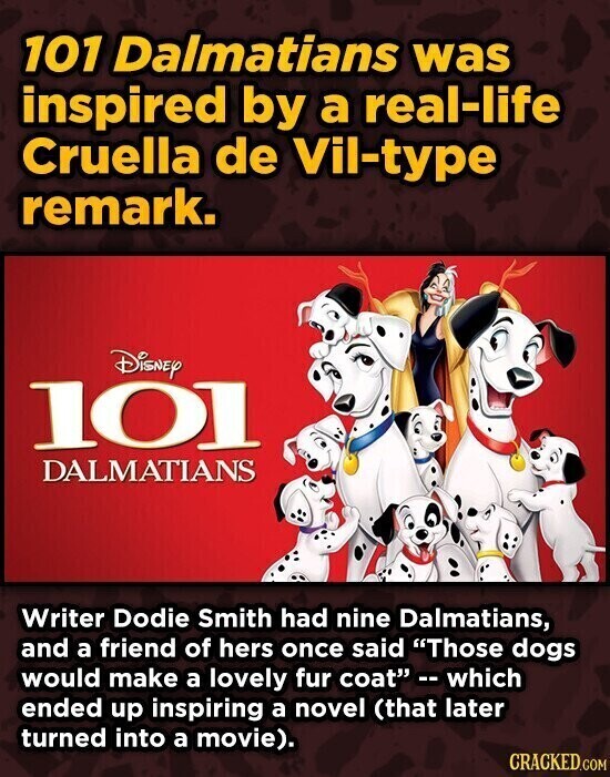 101 Dalmatians was inspired by a real-life Cruella de Vil-type remark. Disney 101 DALMATIANS Writer Dodie Smith had nine Dalmatians, and a friend of hers once said Those dogs would make a lovely fur coat -- which ended up inspiring a novel (that later turned into a movie). CRACKED.COM