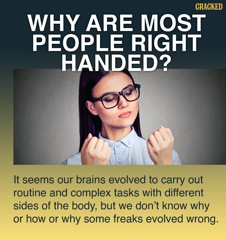 CRACKED WHY ARE MOST PEOPLE RIGHT HANDED? It seems our brains evolved to carry out routine and complex tasks with different sides of the body, but we don't know why or how or why some freaks evolved wrong.