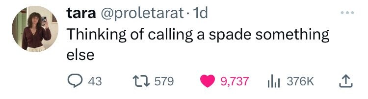 tara @proletarat. 1d Thinking of calling a spade something else 43 579 9,737 376K