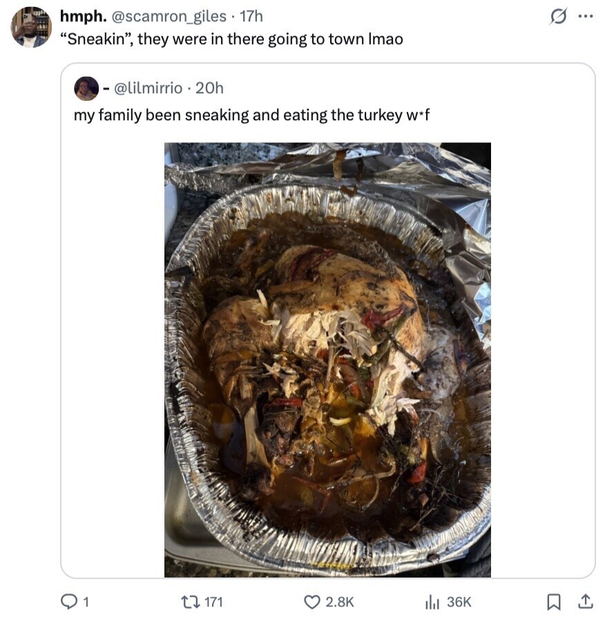 s ... hmph. @scamron_giles 17h Sneakin, they were in there going to town Imao - @lilmirrio 20h my family been sneaking and eating the turkey w*f 1 171 2.8K 36K 