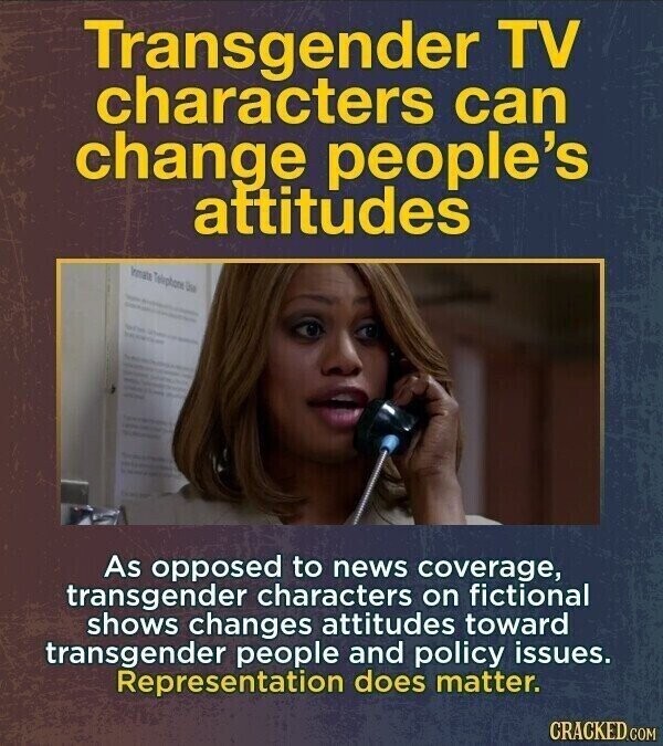Transgender TV characters can change people's attitudes Irmata Telephone Osa - - - ORIGIN As opposed to news coverage, transgender characters on fictional shows changes attitudes toward transgender people and policy issues. Representation does matter. CRACKED.COM