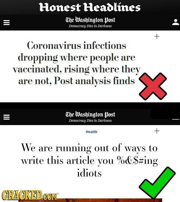 Honest Headlines The Washington Dost Democracy Dies in Darkness Coronavirus infections dropping where people are vaccinated, rising where they are not, Post analysis finds The Washington Dost Democracy Dies in Darkness + Health We are running out of ways to write this article you %&$#ing idiots GRACKED.COM