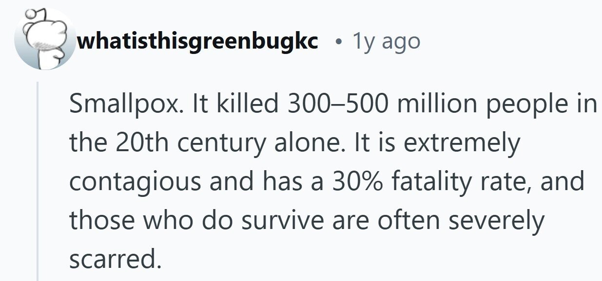 whatisthisgreenbugkc . 1y ago Smallpox. It killed 300-500 million people in the 20th century alone. It is extremely contagious and has a 30% fatality rate, and those who do survive are often severely scarred.