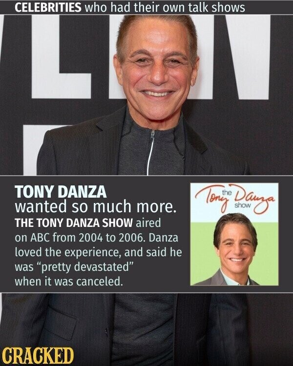 CELEBRITIES who had their own talk shows L TONY DANZA wanted so much more. Tony Danza THE TONY DANZA SHOW aired on ABC from 2004 to 2006. Danza loved the experience, and said he was pretty devastated when it was canceled. CRACKED
