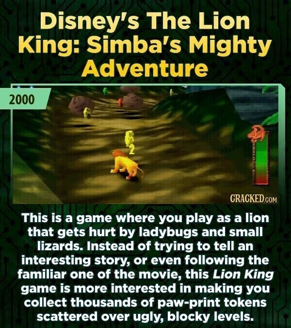 Disney's The Lion King: Simba's Mighty Adventure 2000 CRACKED.COM This is a game where you play as a lion that gets hurt by ladybugs and small lizards. Instead of trying to tell an interesting story, or even following the familiar one of the movie, this Lion King game is more interested in making you collect thousands of paw-print tokens scattered over ugly, blocky levels.