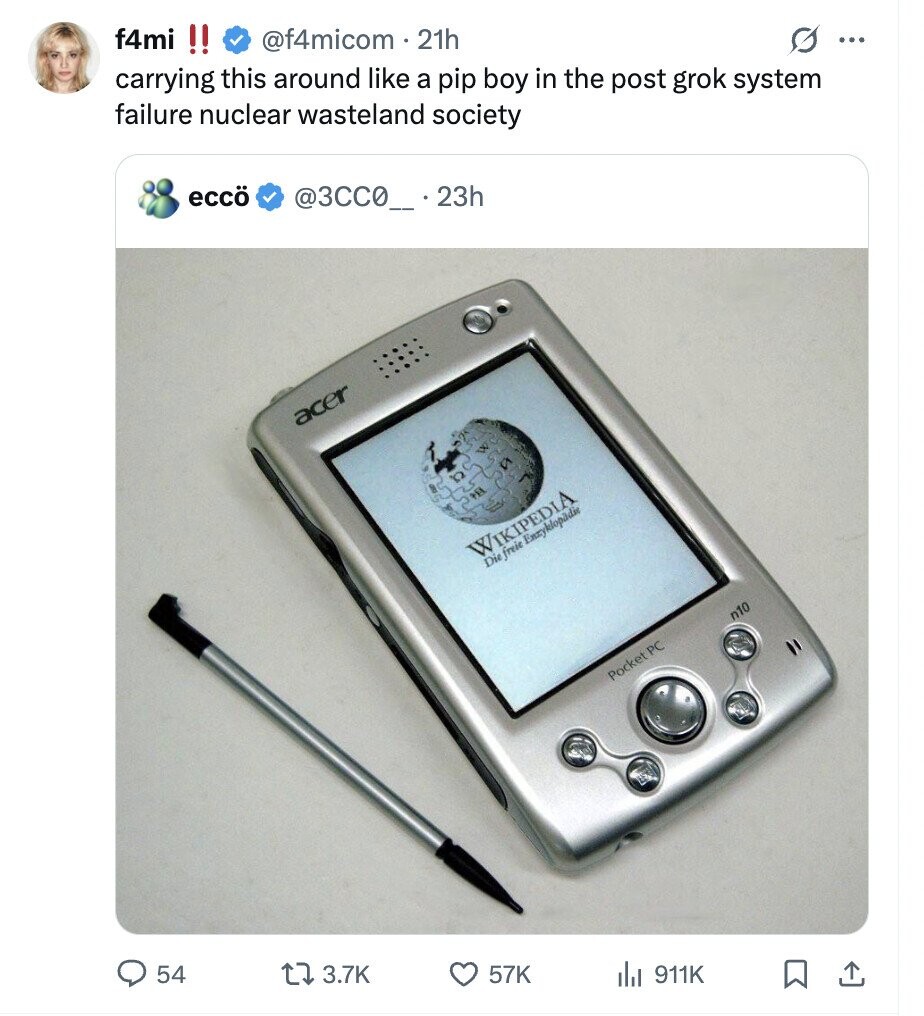 f4mi !! @f4micom 21h ... carrying this around like a pip boy in the post grok system failure nuclear wasteland society eccö @3CC0__23h acer PH IKIPEDIA Die freie Enryklopadie n10 Pocket PC 54 3.7K 57K del 911K